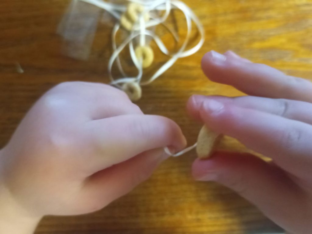 Toddler stringing cheerios on a string to make a cheerio necklace
